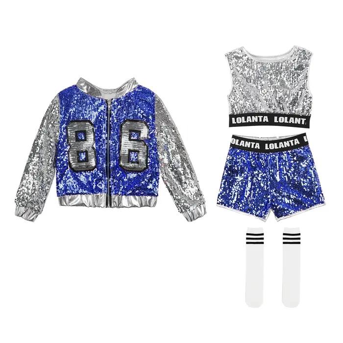 LOlanta 4-14 ans filles rose paillettes Crop Tops short veste Costume de danse Hip Hop moderne Jazz Dance Stage Performa