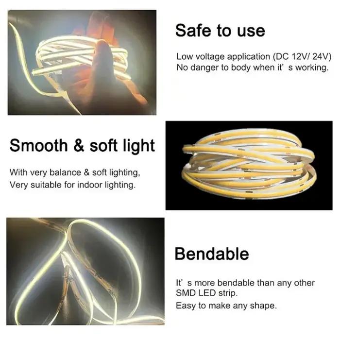Bande lumineuse LED COB 12V 24V 320 480 LED, bande Flexible 8mm PCB blanc naturel chaud, lumières li