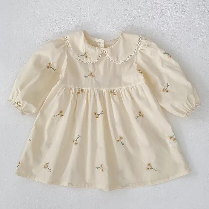 Vêtements de printemps pastorale pour petites filles, robe d'automne en coton brodé à fleurs, robe d