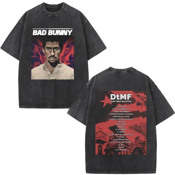 T-shirt vintage délavé Rapper Bad Bunny Debi Tirar Mas Fotos DTMF World Tour – T-shirts mode homme H