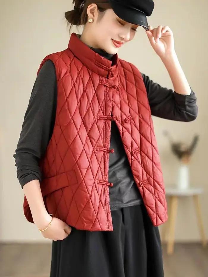 Gilet matelassé en fibre de coton pour femmes, veste légère, gilet design chaud, cardigan vintage, vêtements d'automne et d'hiver