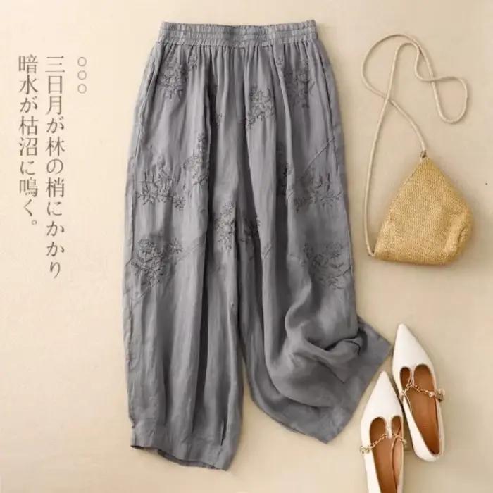 Pantalon sarouel français en coton et lin pour femmes, haut de gamme, rétro, brodé, léger, respirant