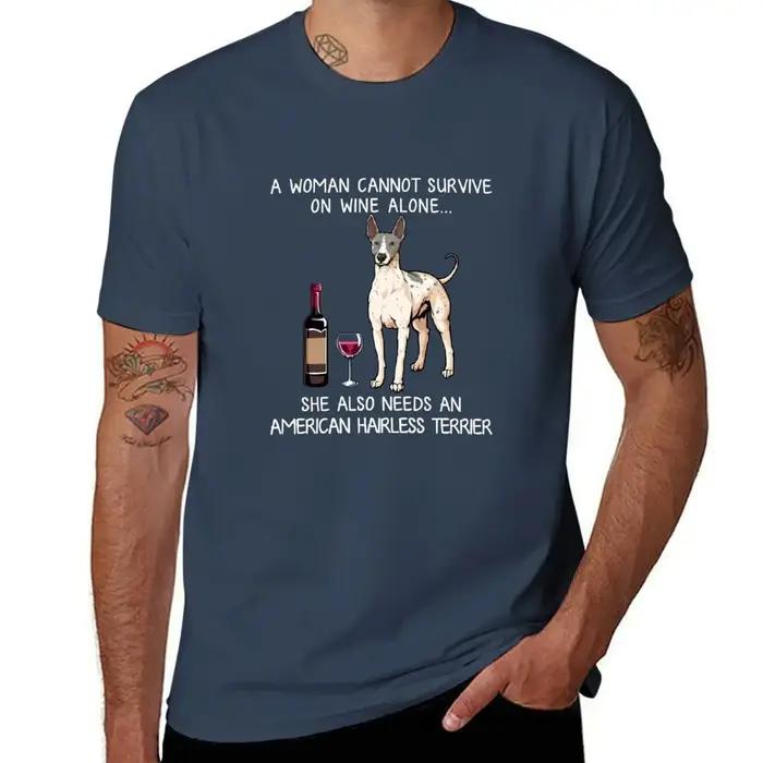 Américain sans poils Terrier et vin drôle chien T-Shirt homme coton homme T-Shirt coton haute qualité T-Shirt