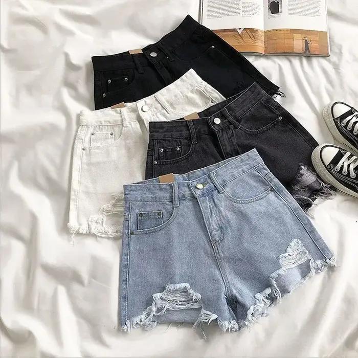 Short en jean déchiré taille haute pour femme, mode coréenne d'été, jean décontracté, poche, pompon,