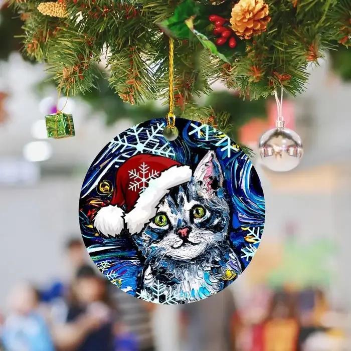 2D noël chat chien avec chapeau pendentif décoratif dessin animé chat arbre de noël suspendus ornements suspendus acrylique noël chiens chat porte-clés