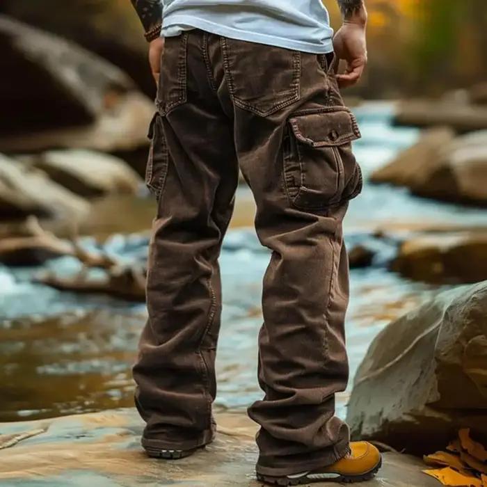 Pantalon cargo velours côtelé rétro homme multi-poches couleur unie milieu de gamme décontracté élégant