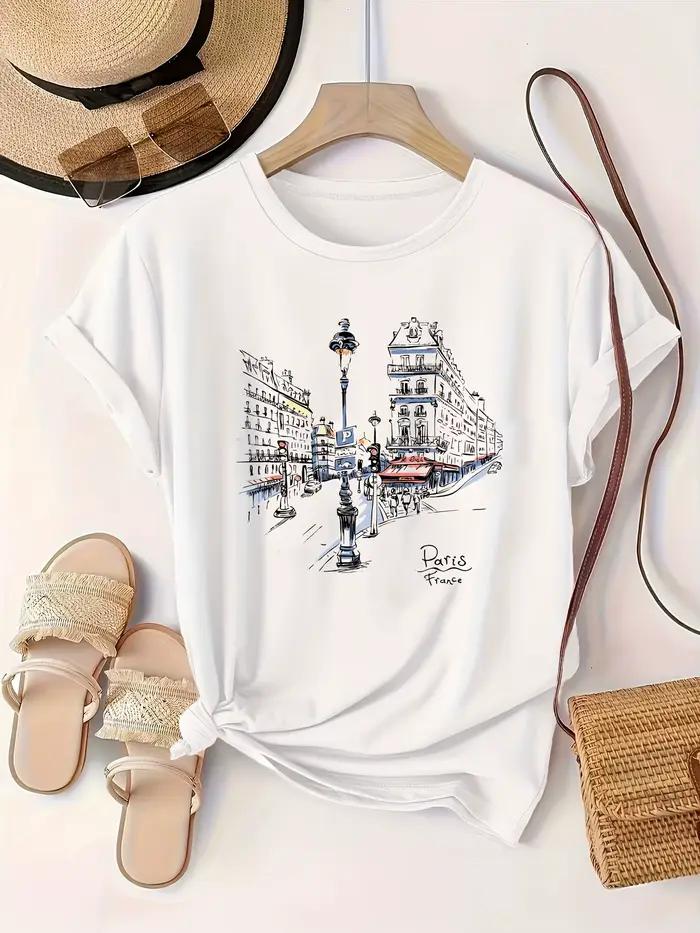 T-shirt imprimé Paris Street pour femmes, manches courtes, col rond, haut décontracté avec motif Tour Eiffel, mode printemps/été/automne