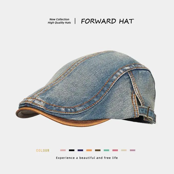 Béret en denim délavé vintage béret unisexe patchwork style littéraire britannique casquette plate minimaliste japonaise décontractée pour homme femme occasions spéciales hiver