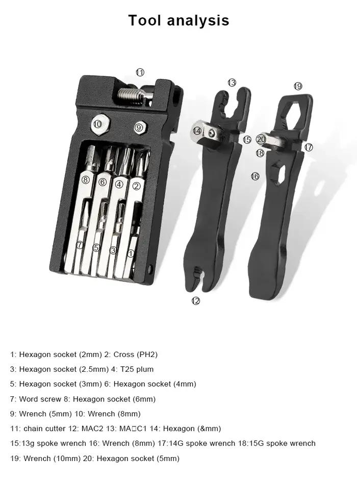 Ensemble d'outils de réparation de vélo 20 en 1, clé à rayons hexagonaux pliable multifonction, outi