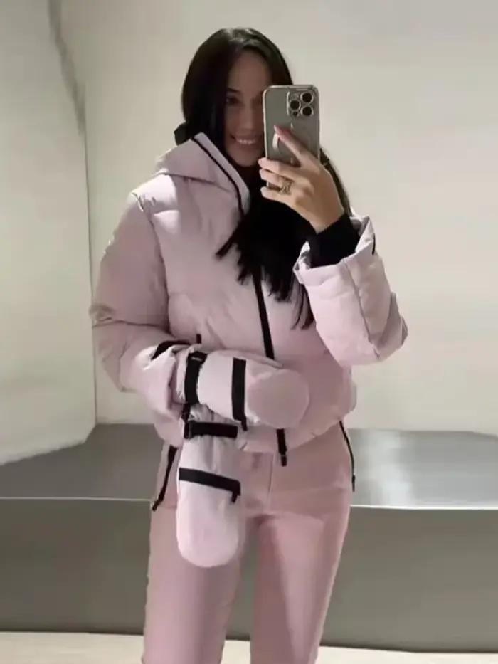 HH femmes mode poche fermeture éclair manches longues à capuche ski coton rembourré cordon veste + t