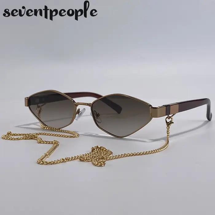 Lunettes de soleil hexagonales à petite monture avec chaîne pour femme 2026 – Marque de luxe vintage