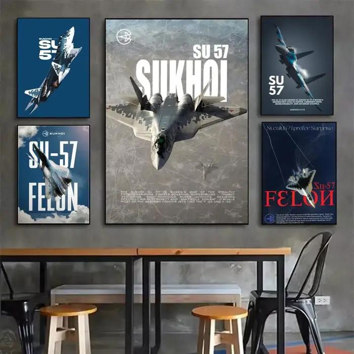 Affiche d'avion de chasse russe SU 57 moderne pour décoration murale imperméable en papier, pour salon, chambre, bar, couloir, occasions spéciales