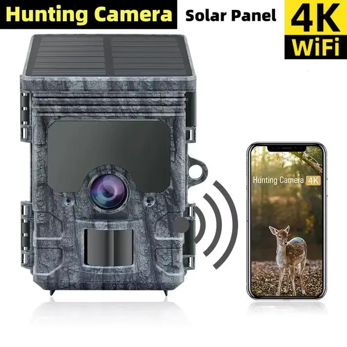 Caméra de chasse 4K WiFi panneau solaire alimentée vision nocturne étanche IP66 pour observation de la faune et chasse nocturne