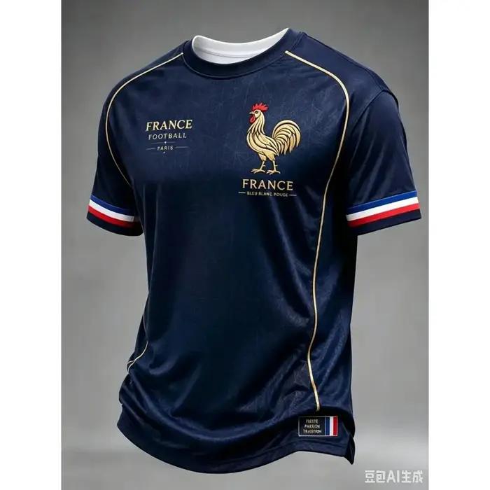 Maillot de football de l'équipe nationale de France, t-shirt respirant à séchage rapide imprimé en 3D avec emblème du coq gallic doré à deux étoiles