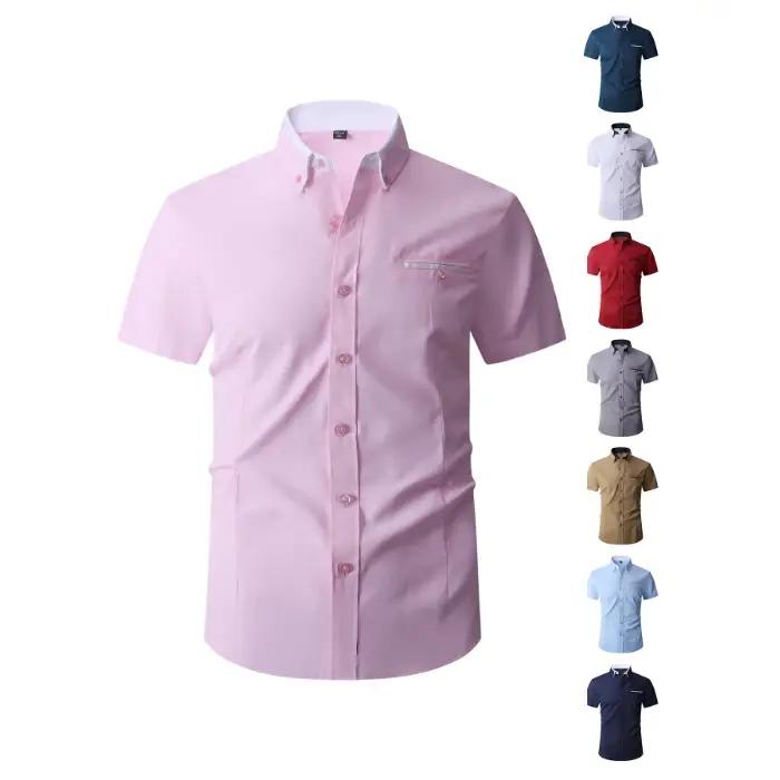 Chemise d'été en coton OUSSYU pour hommes, style affaires, col contrastant, infroissable, résistante aux plis, confortable, lavable en machine, pour occasions quotidiennes et professionnelles