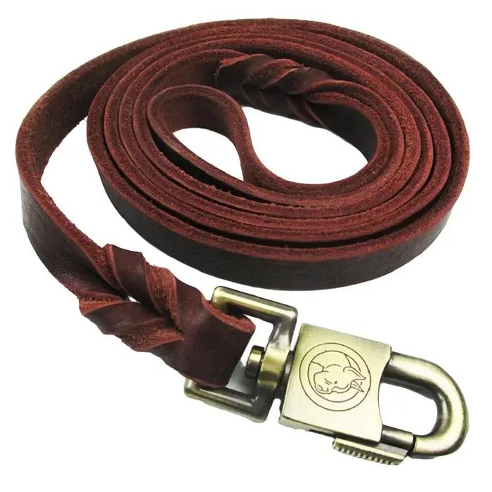 Laisse longue en cuir véritable tressé pour chien