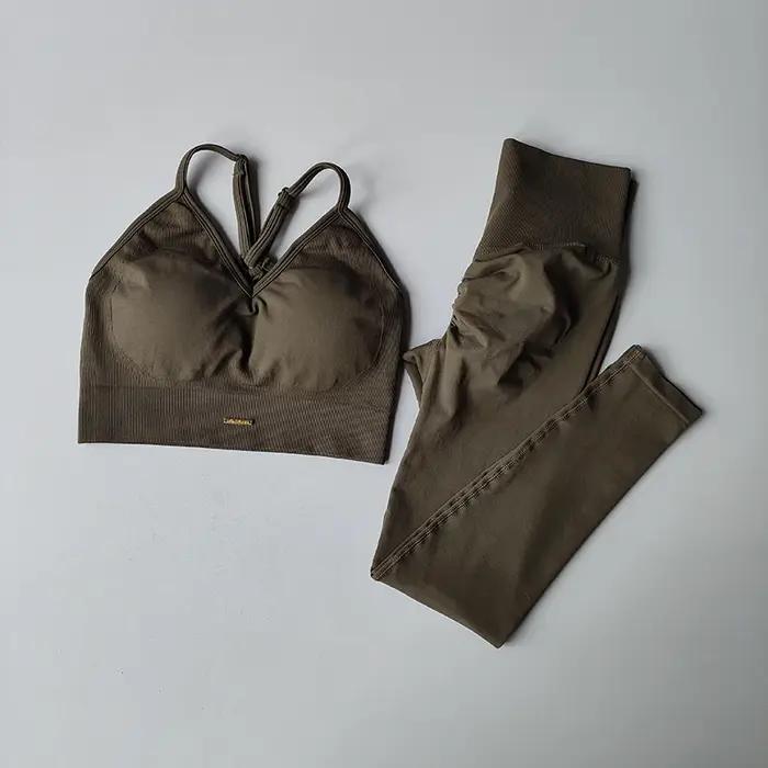 Ensemble de Fitness sans couture pour femmes, soutien-gorge, col en v, Leggings, Yoga, exercice à sé