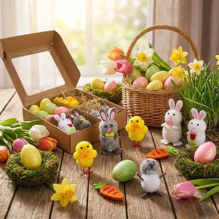 Ornement artisanal de Pâques : Œufs de Pâques, figurine réaliste de lapin et poussin, lapin mignon, poulet, pour fête festive
