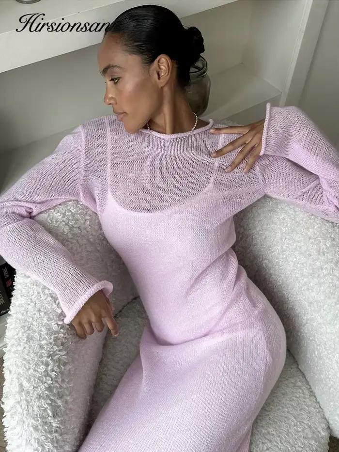 Hirsionsan – robe longue en tricot élastique pour Femme, col rond, élégante, Chic, douce, ajourée, p