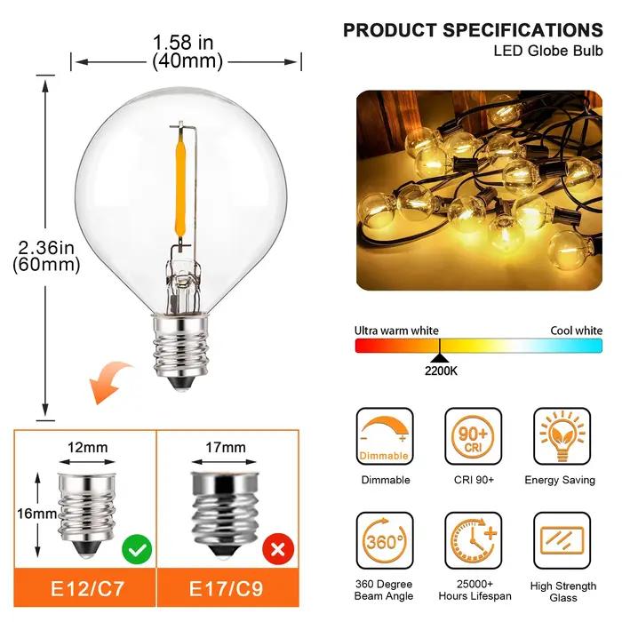 G40 LED chaîne lumière ampoules de remplacement E12 220V 110V Globe ampoule blanc chaud 2200K 10W éq