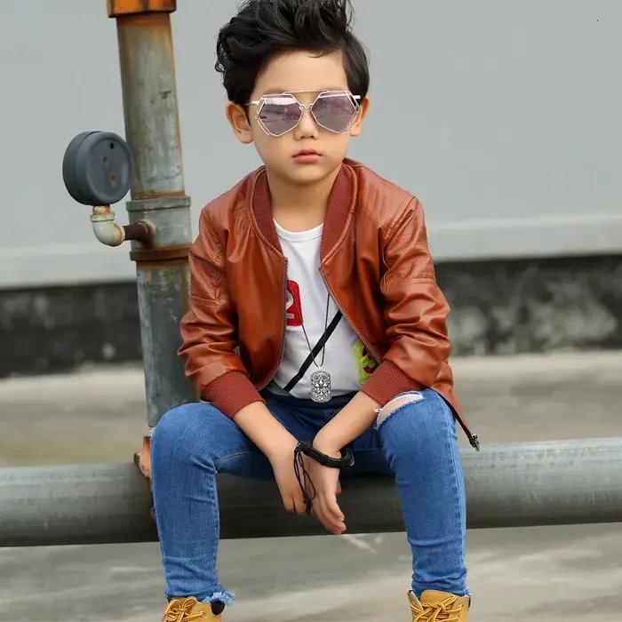 Veste imperméable en cuir PU avec fermeture éclair pour enfants