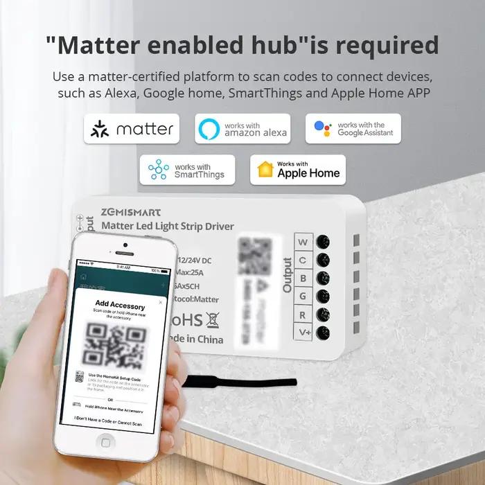 Contrôleur intelligent pour bande LED RGBCW CCT Zemismart Matter via WiFi, compatible avec Homekit,