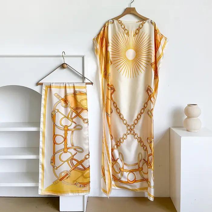NOUVELLE Robe d'été imprimée tendance avec grande écharpe, Kaftan Dubaï Turquie, Abaya ample musulma