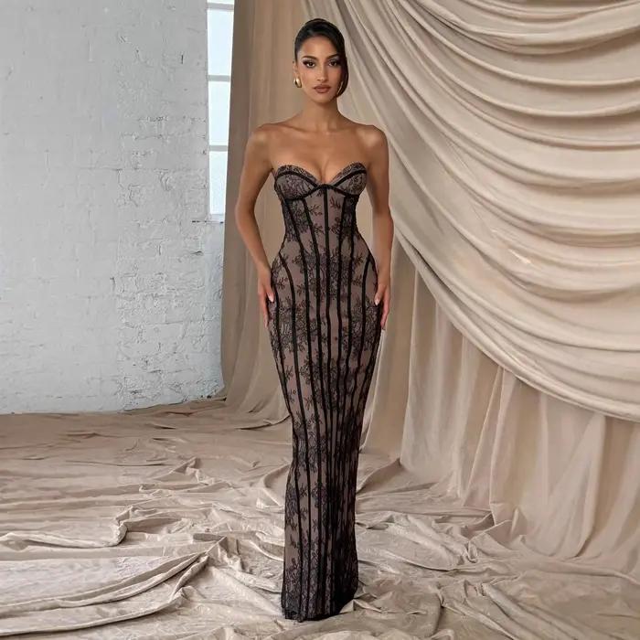 Robe longue élégante sans bretelles en dentelle pour femme, robe de soirée sexy avec corset, robe ma