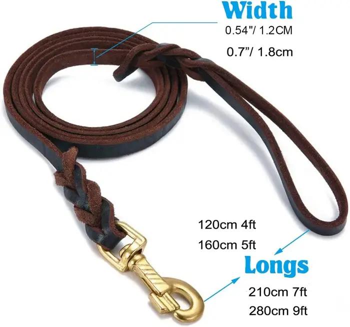 Laisse longue tressée en cuir véritable pour chiens