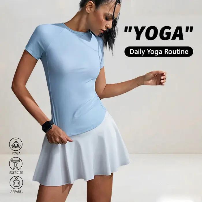 T-shirt bleu à manches courtes pour femme, coupe ajustée, col rond, tricoté, style streetwear sportif