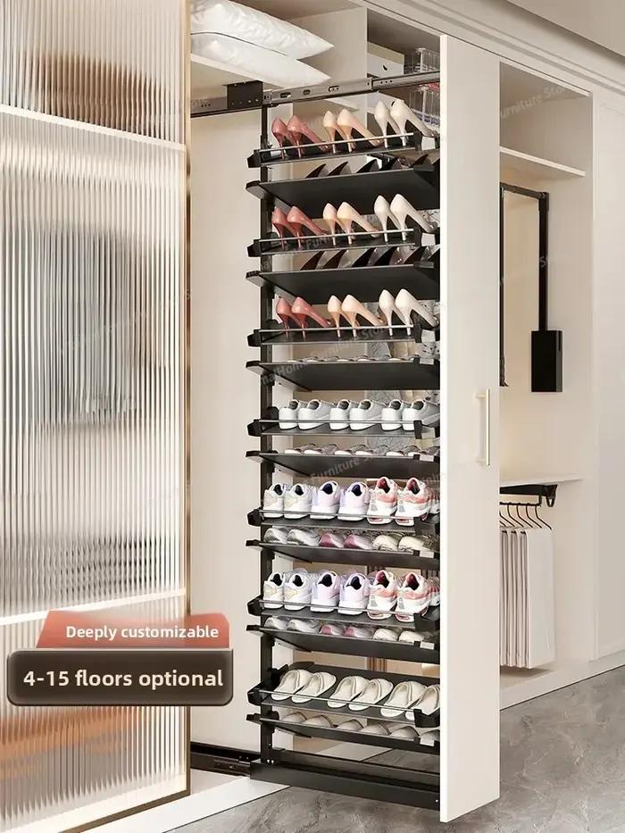 Meuble à chaussures encastré avec étagère à chaussures coulissante, panier rétractable grande capaci