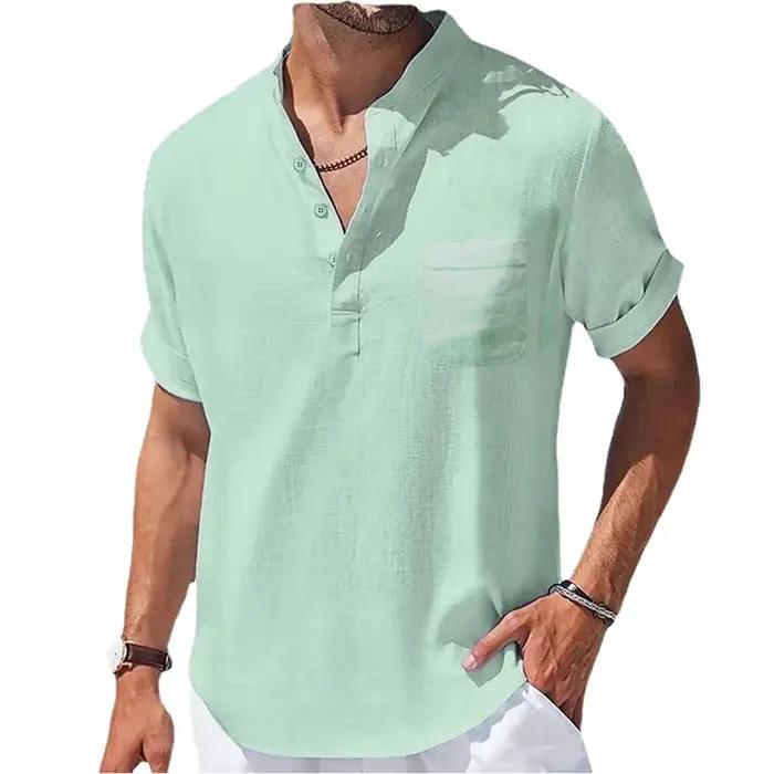 Été nouveaux hommes coton et lin chemises à manches courtes T-shirt col Henry décontracté