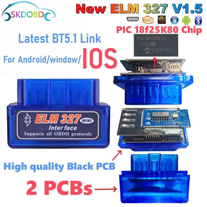 Mini ELM327 V1.5 pour IOS Android Bluetooth 5.1, EAU automatique OBD2 noir 2PCB voiture ELM 327 test