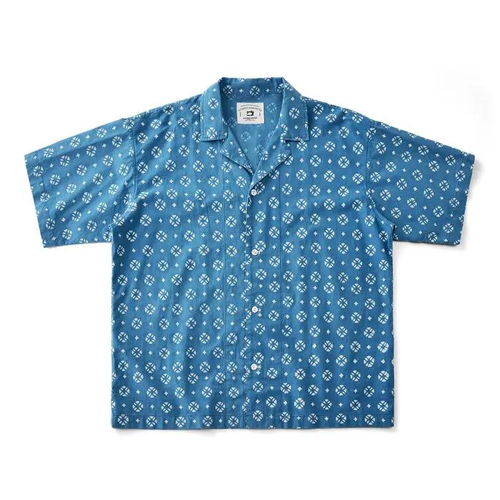 Vintage Indigo imprimé chemise hommes été nouveau bleu teint cubain revers manches courtes simple boutonnage