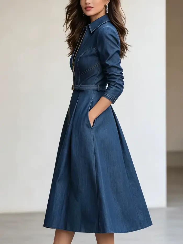 Modigirl femme bleu a-ligne robes 2025 printemps automne nouveau plissé taille haute poches fermeture éclair revers Vint
