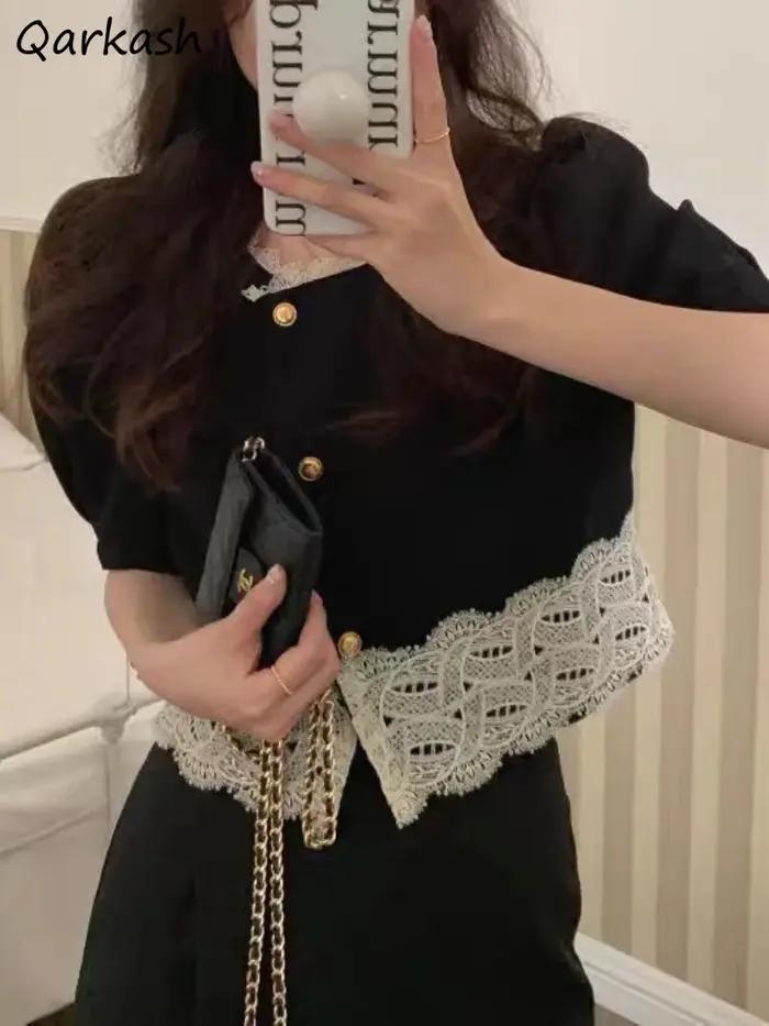 Chemises en dentelle à manches courtes pour femmes, vêtements courts esthétiques élégants, style cor