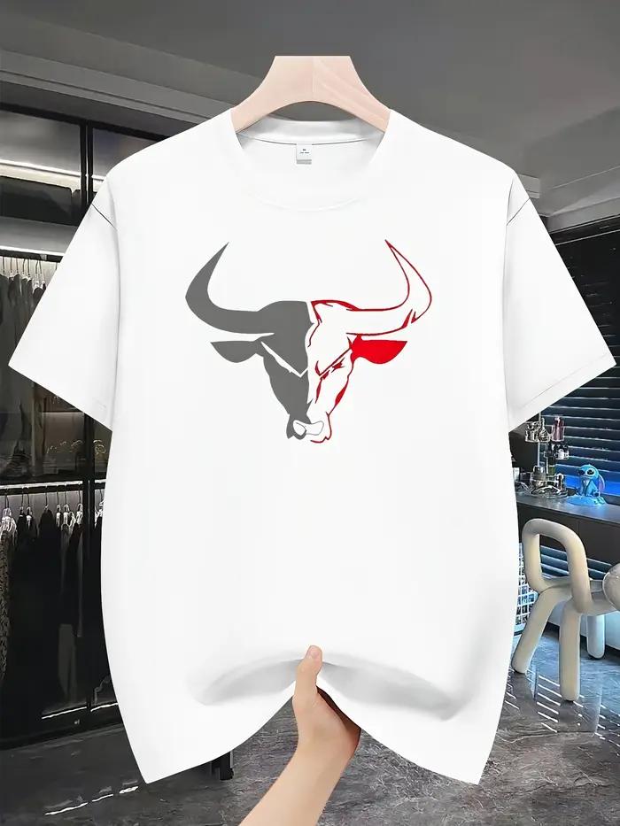 T-shirt homme en coton 100% imprimé tête de taureau gris et rouge pour style streetwear et quatre saisons