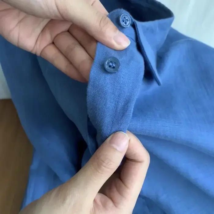 Chemise en lin français pour femmes, été, fin, ample, coton, lin, manches longues, Protection solaire, couleur Pure, haut boutonné pour femmes