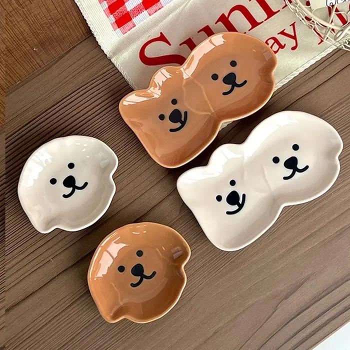 Plat à sauce en céramique avec motif de chien et d'ours mignon - Bol à condiments et collations pour la maison et les occasions spéciales