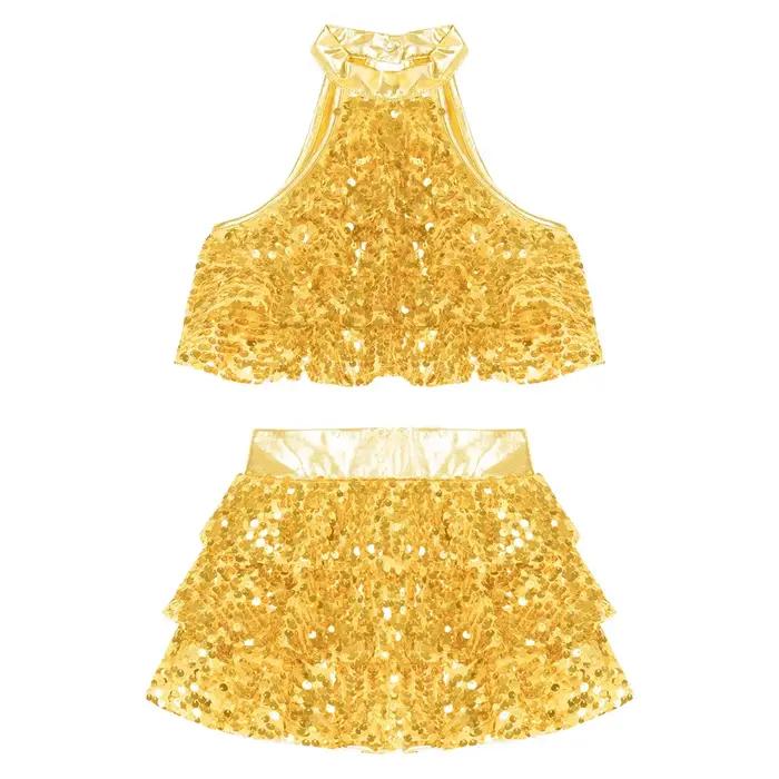 Haut court à plusieurs niveaux avec jupe pour enfants, paillettes brillantes pour filles, ensemble d