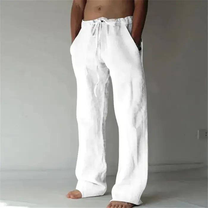 Pantalon Long en coton et lin pour hommes, couleur unie, respirant, décontracté, taille élastique, H