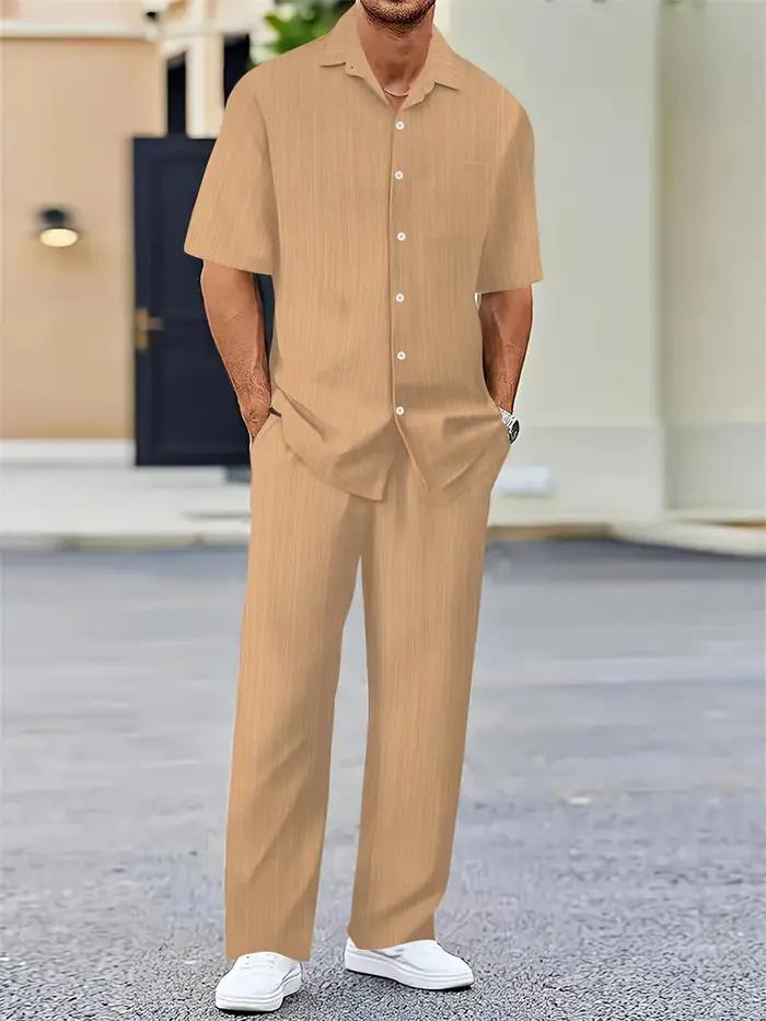 Printemps été hommes ensembles cardigan à manches courtes chemise à revers + pantalon costume