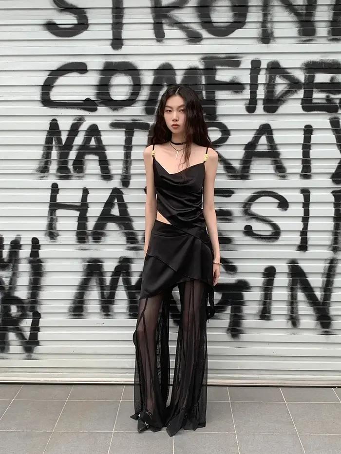 CHEERART été noir voir à travers maille Flare pantalon ensembles haute couture