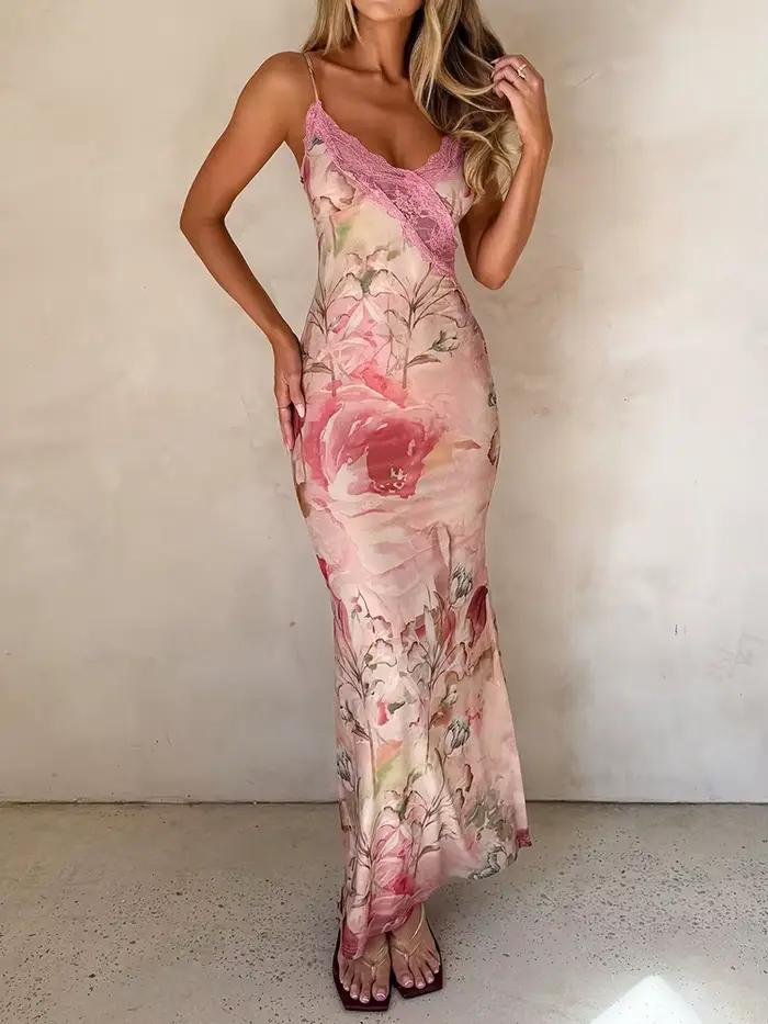 Robe longue décontractée sans manches à col en V pour femme, sexy, dos nu, imprimée, coupe ajustée, patchwork, à volants, pour soirée et club, été 2026