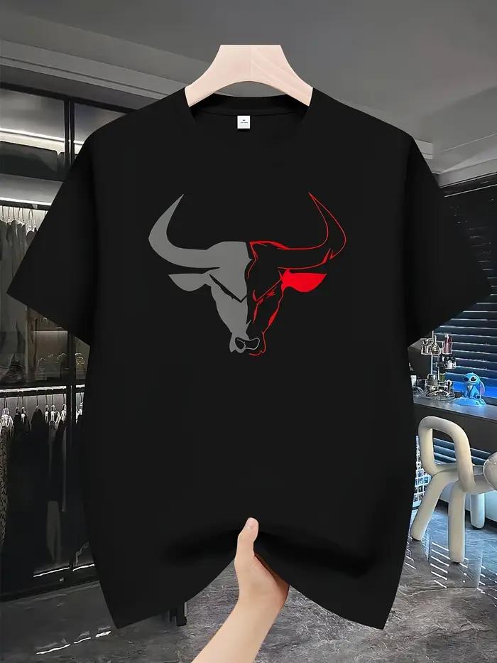 T-shirt homme en coton 100% imprimé tête de taureau gris et rouge pour style streetwear et quatre saisons