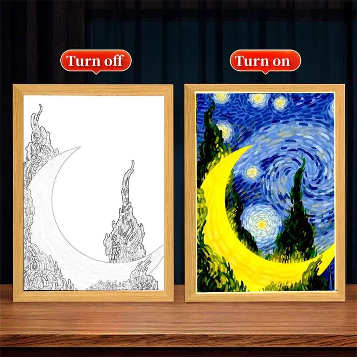 Peinture lumineuse cadre photo Led veilleuse lune lampe Van Gogh ciel étoilé mur Art Oficina chambre maison
