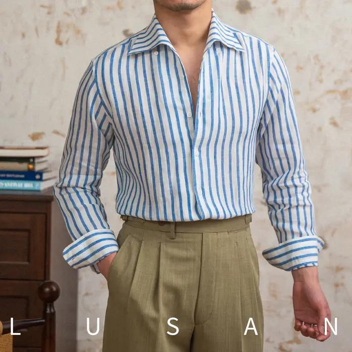 Chemise d'été homme 100 lin col rabattu manches longues rayées pour shopping et occasions décontractées