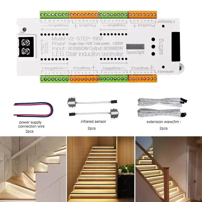 V2 escalier lumière LED contrôleur DC 12V 24V 32 canaux escaliers intérieurs PIR capteur variateur