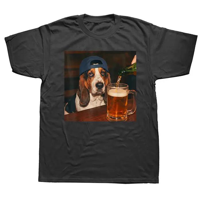 T-shirt humoristique Basset buvant de la bière, mème de chien pour la fête des pères, streetwear, manches courtes, unisexe, coupe ample