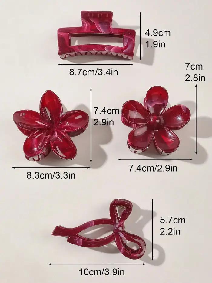 Pinces à cheveux à fleurs carrées pour femmes, 4 pièces, automne hiver, nœud bordeaux, multi-style r